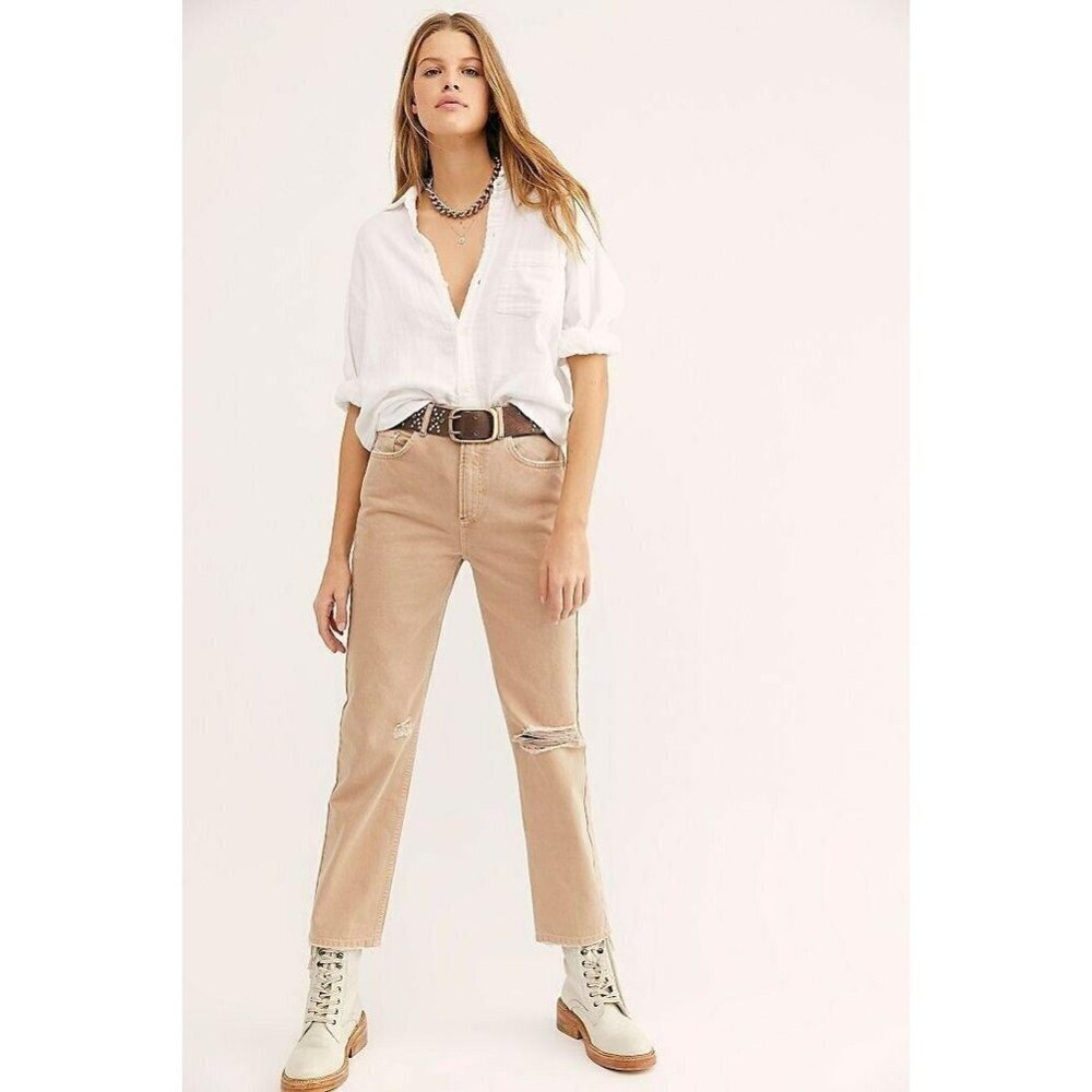 We the Free Dakota Straight Leg Jeans Women 25‎ Cafe Au Lait Tan Distressed NWOT